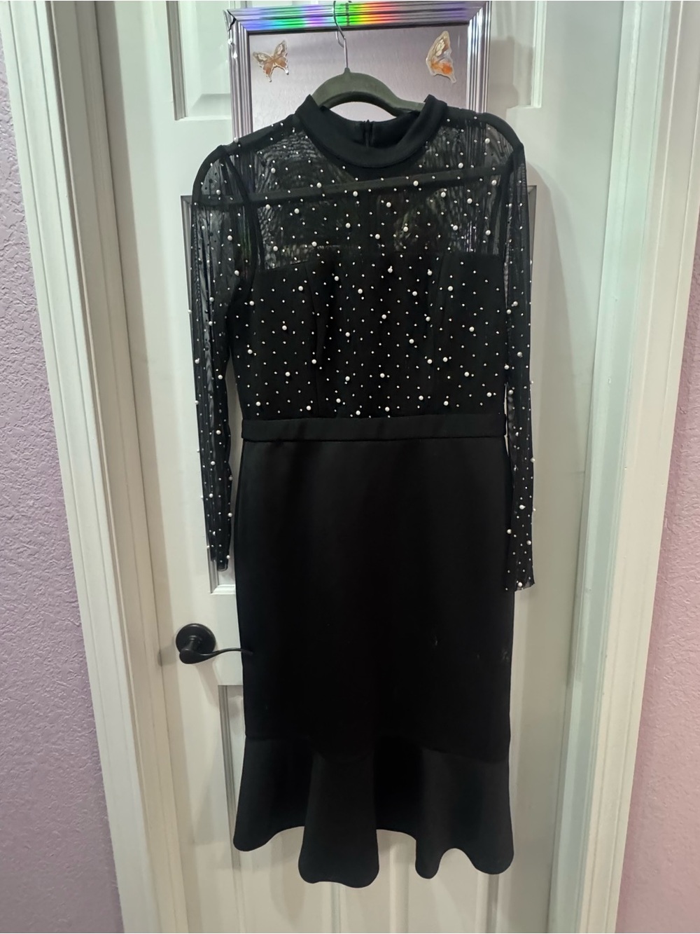 London Times Black Long-Sleeve Pearl-Dotted Mesh Midi Dress